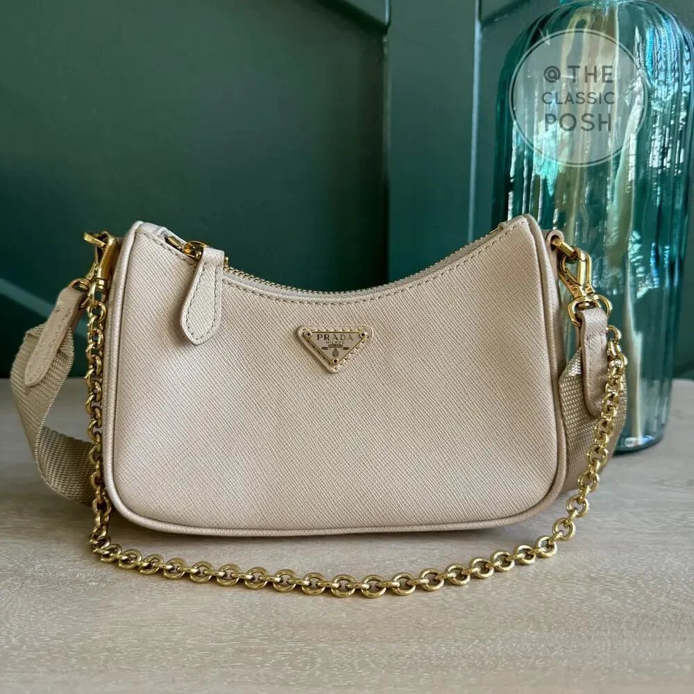 EUC Prada Re-edition Saffiano Mini Beige Crossbody Bag Gold HW
